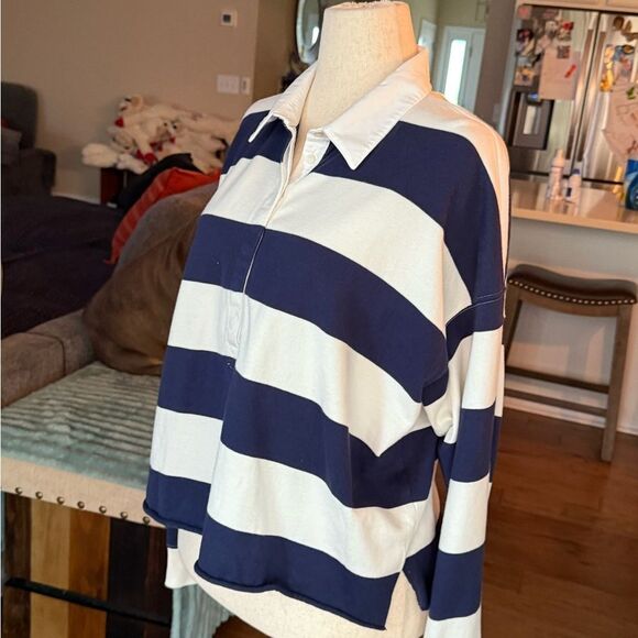 AERIE Navy and White Striped Long Sleeve Polo Shirt Size LG - Picture 2 of 6